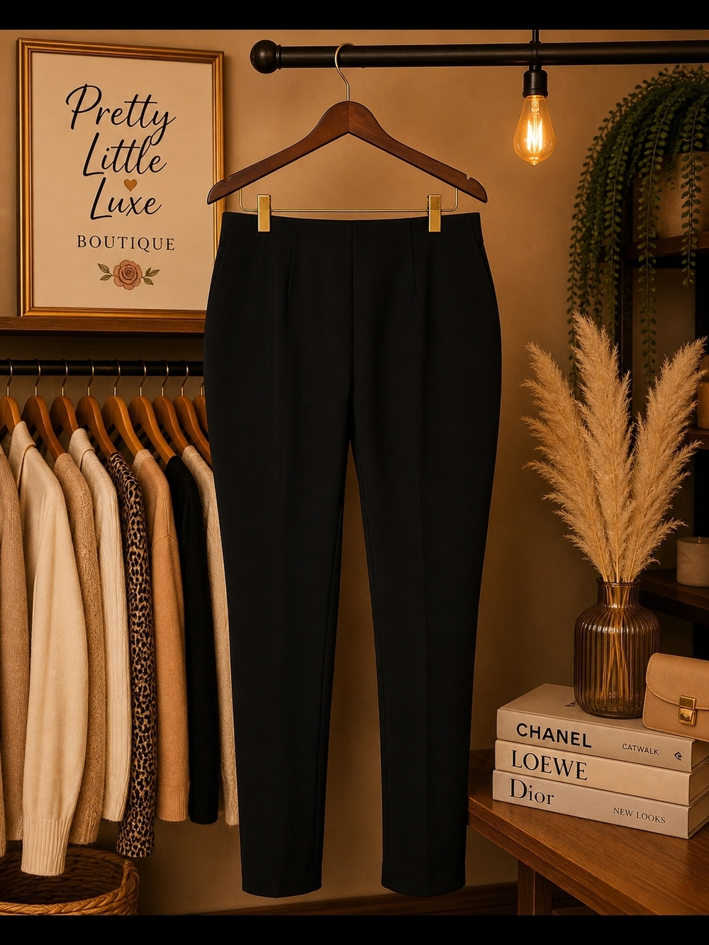 Indero Black High-Waisted Gold Button Pants – Chic Tailored Slim Fit Trousers (L